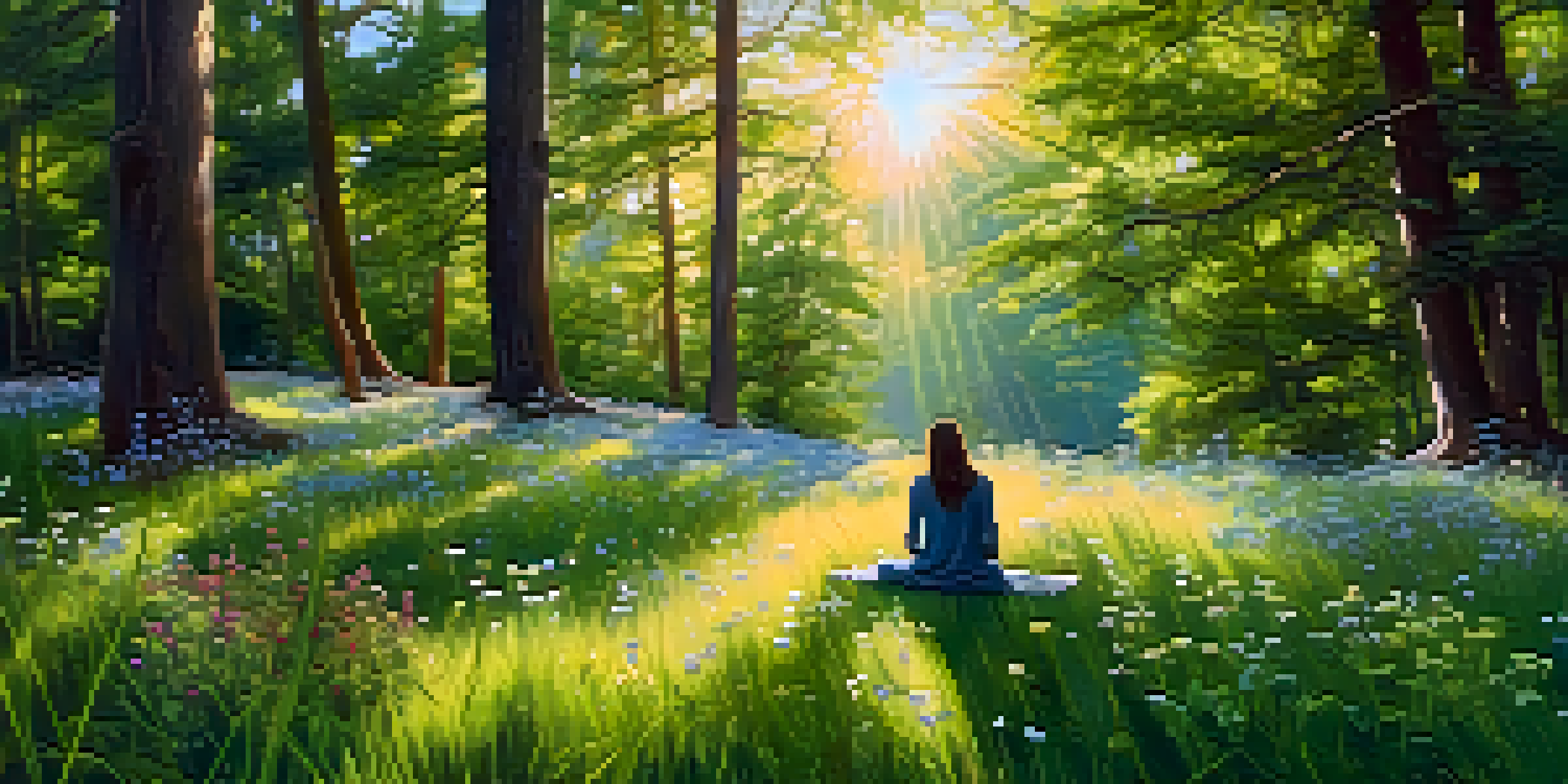 A person meditating in a peaceful forest setting, surrounded by greenery and colorful wildflowers.
