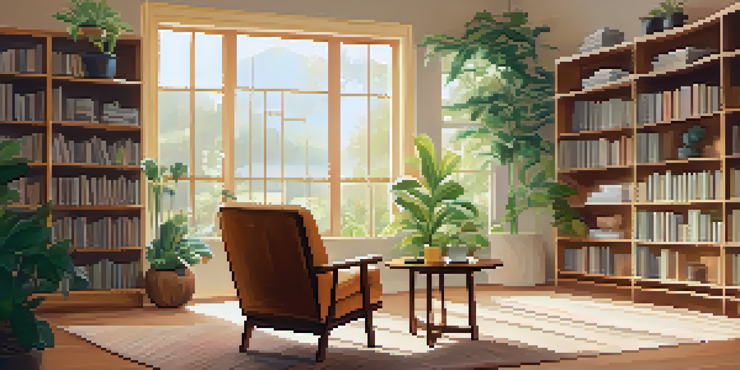 A peaceful therapy room with a comfortable chair, coffee cup on a table, and a bookshelf filled with mental health resources, illuminated by natural light.