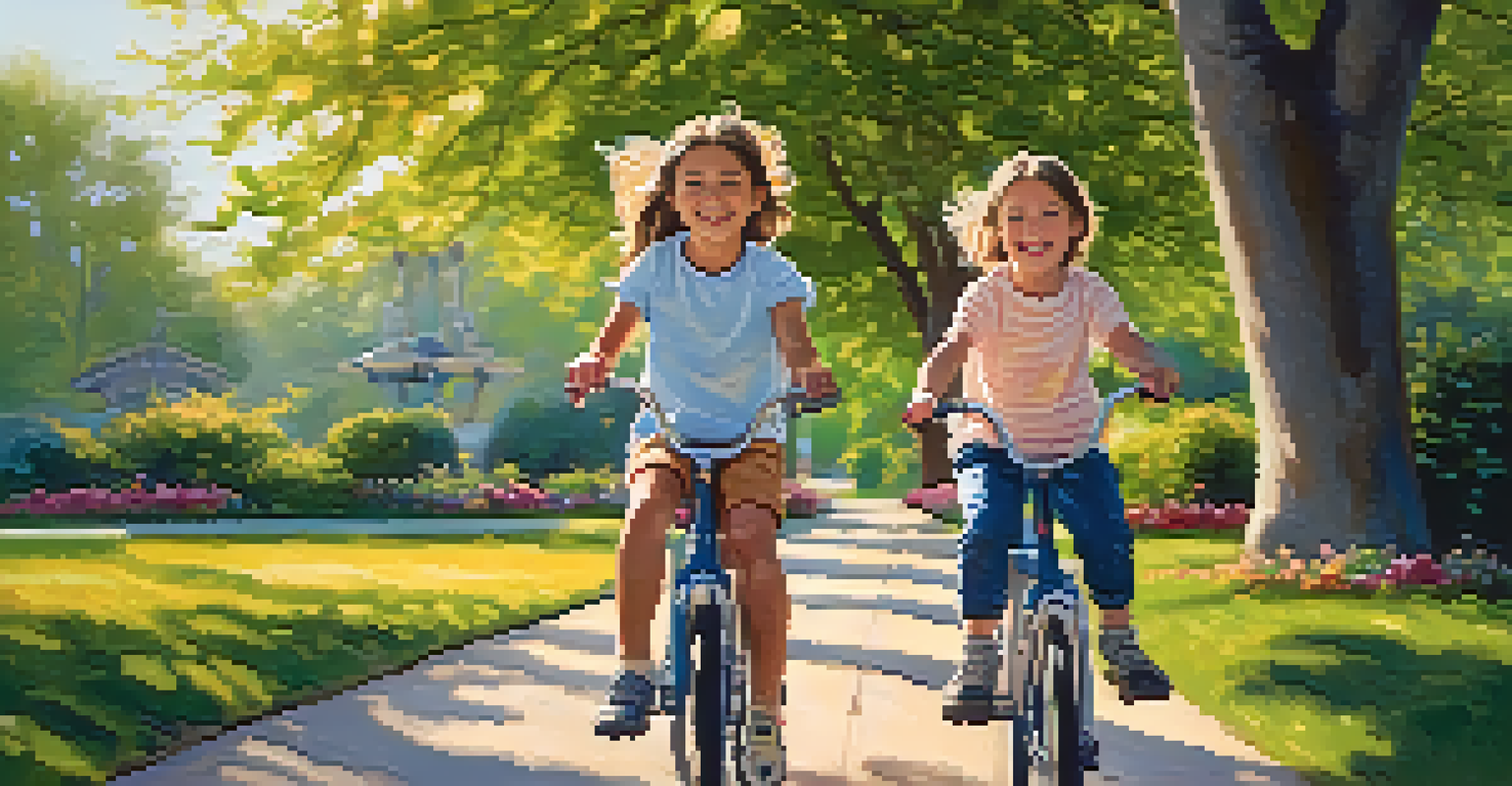 Two siblings, a brother and sister, playing together on bicycles in a sunny park filled with blooming flowers and green trees.