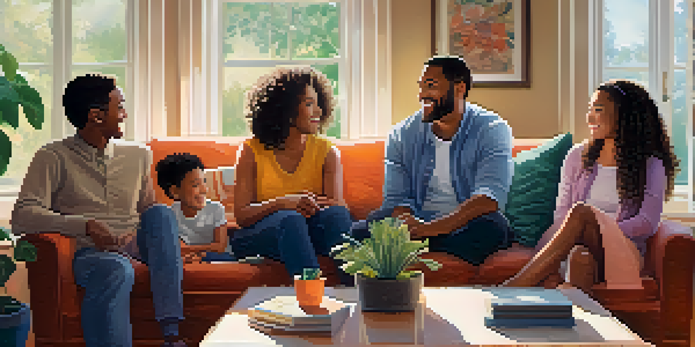 A diverse family of four having a heartfelt conversation in a cozy living room filled with family photos and plants.