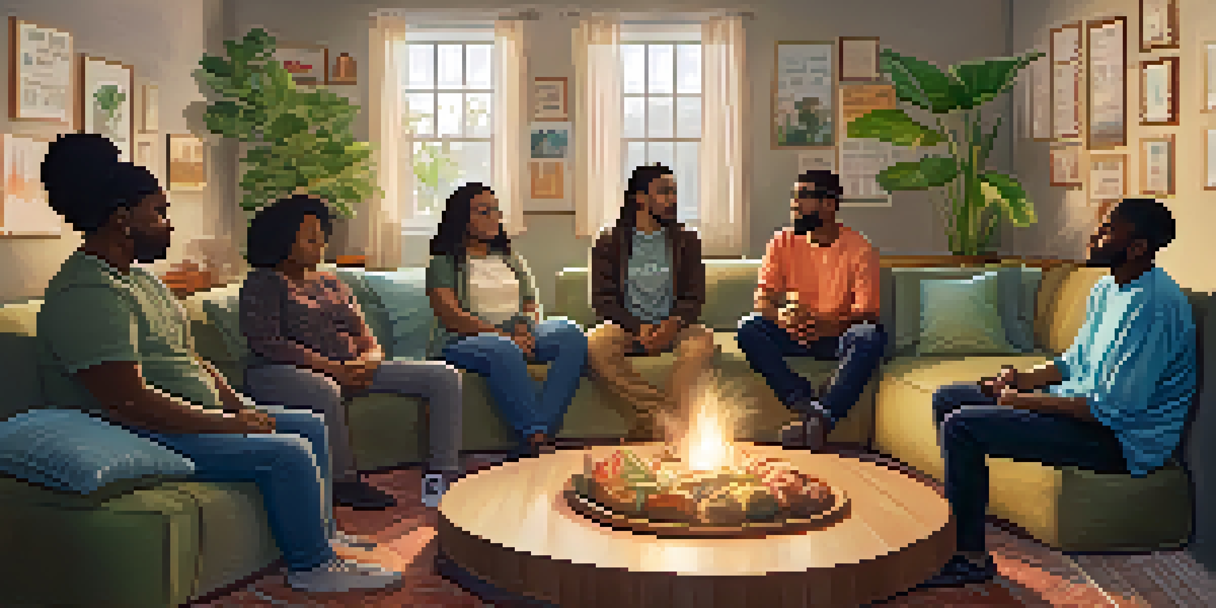 A diverse group of individuals sitting in a circle during a peer support group meeting, sharing their experiences in a cozy indoor setting.