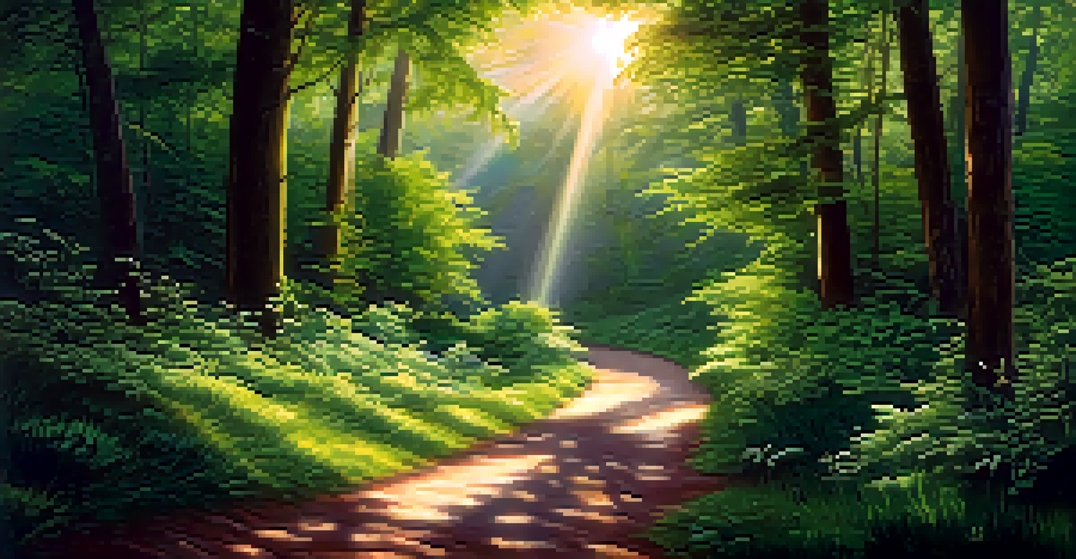 A tranquil nature scene with a winding path through a green forest, symbolizing the journey of recovery.