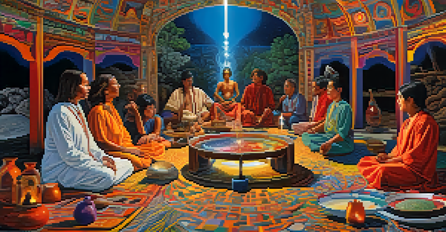 A collage showing traditional healing practices with psychedelics and modern therapy sessions, illustrating the history of psychedelic-assisted therapy.