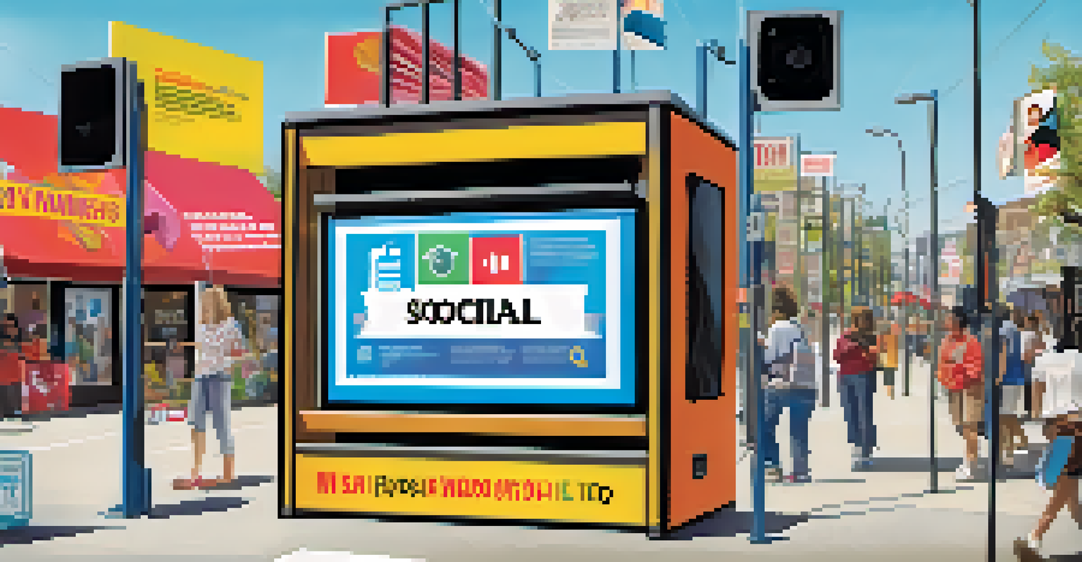 A digital illustration depicting various communication channels used in a public awareness campaign, including social media, flyers, and radio broadcasts.