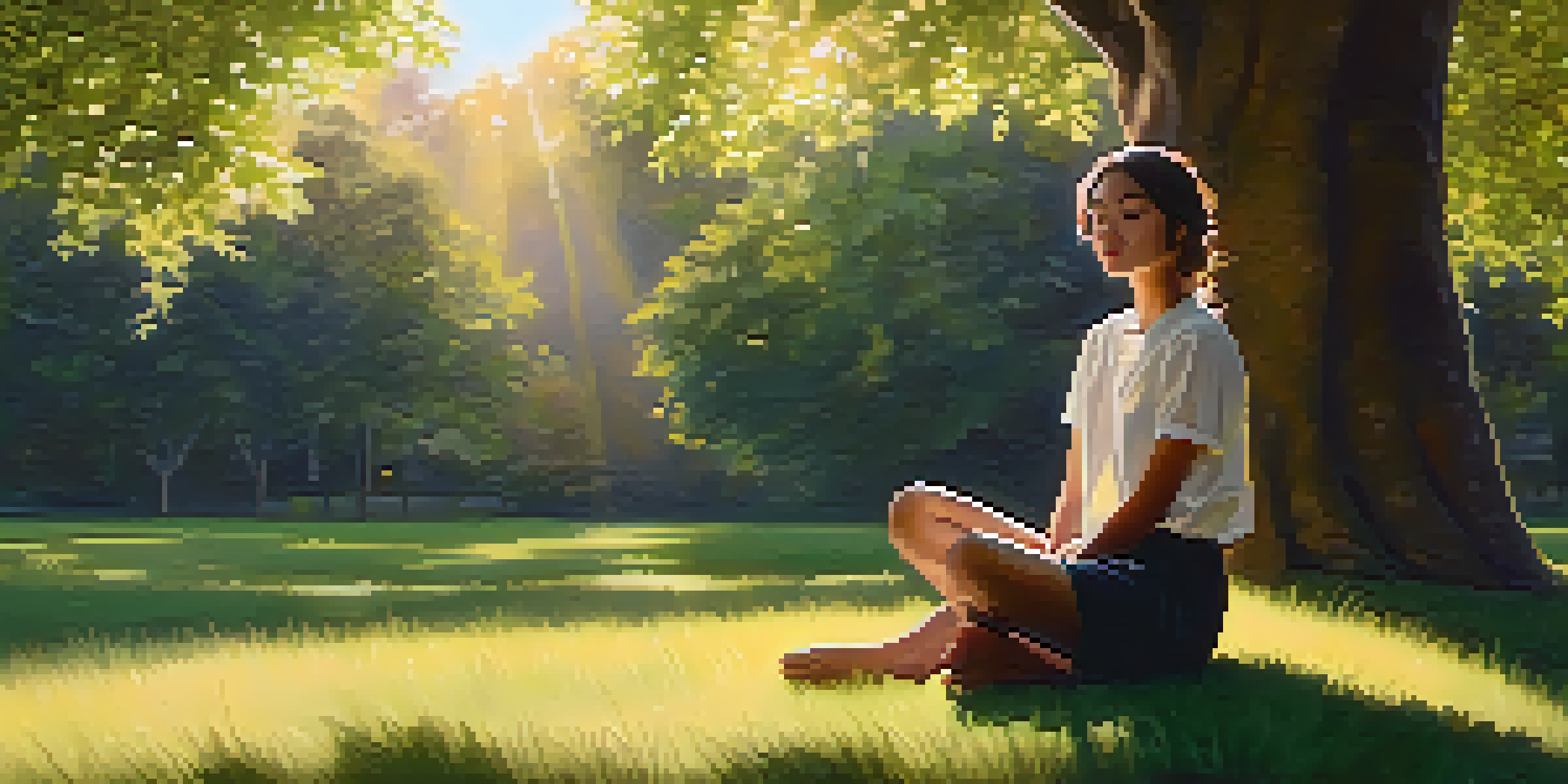 A teenager sitting cross-legged in a park, practicing mindfulness with a peaceful expression, surrounded by nature.