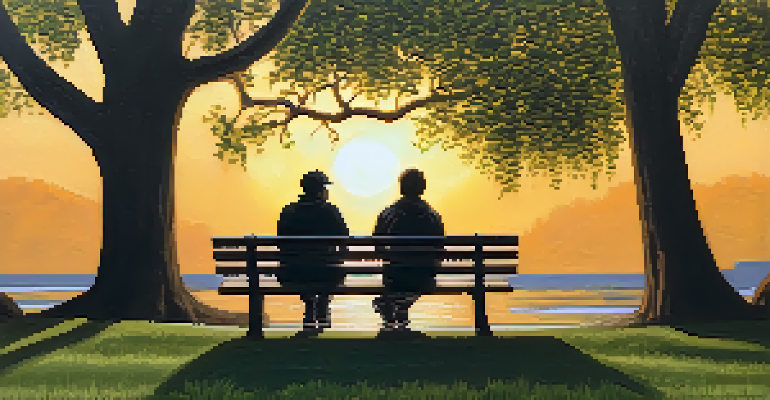 An individual sitting on a park bench, reflecting thoughtfully with a journal beside them, surrounded by nature and the warm glow of the sunset.