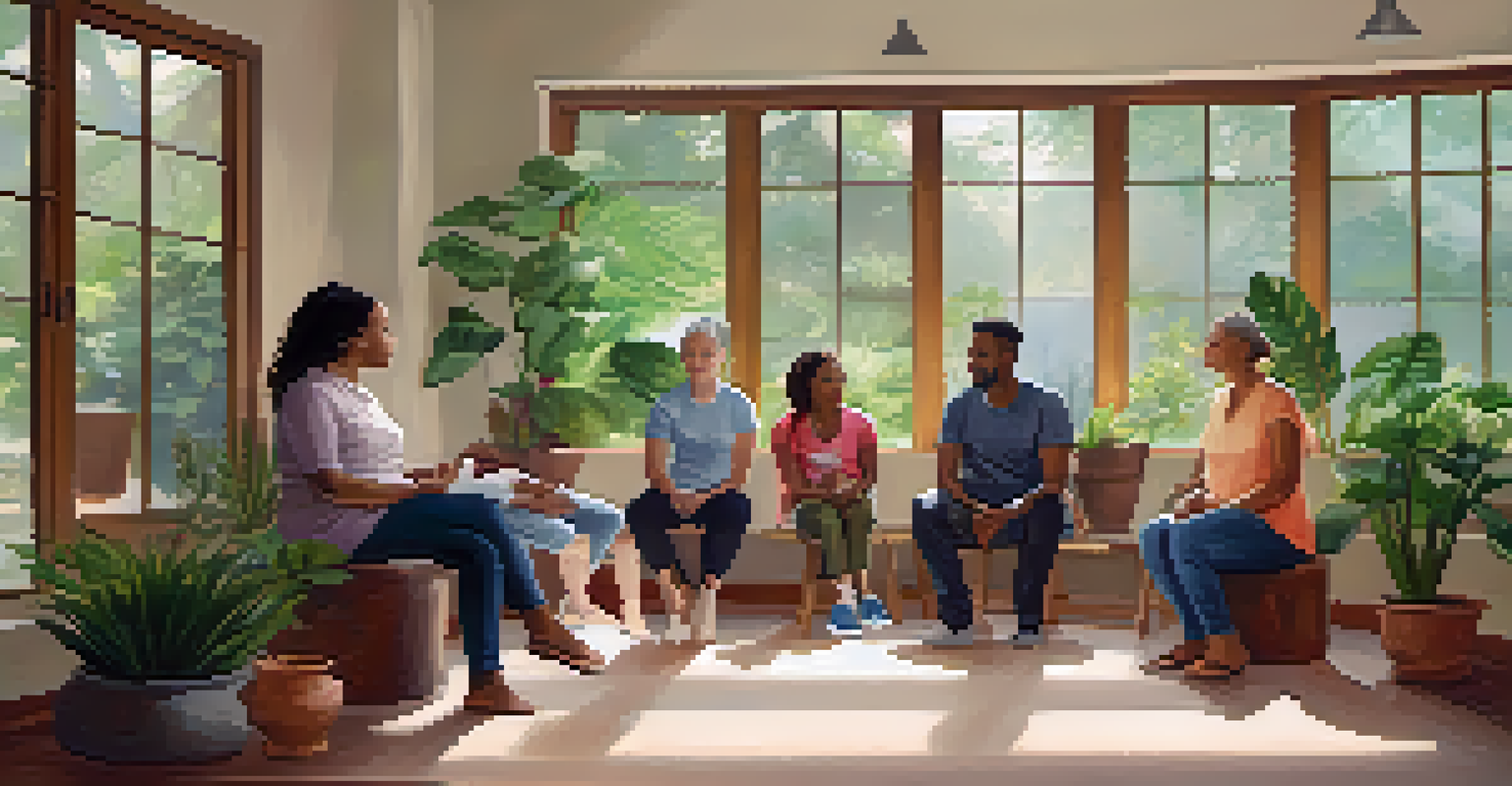 Family members sitting in a circle during a support group session, sharing thoughts in a bright and calming room.
