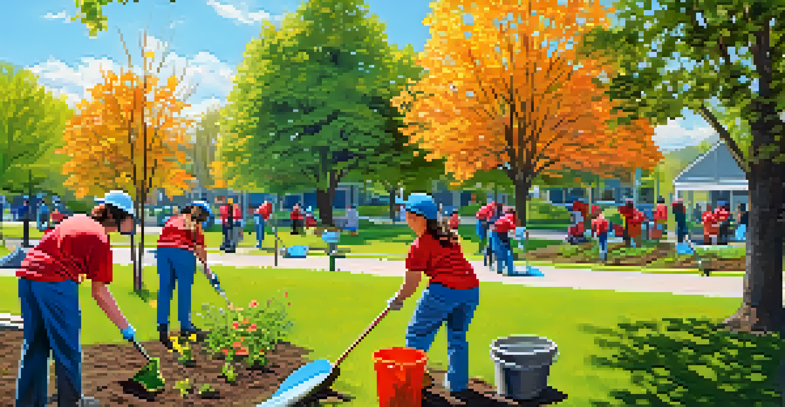 A community service scene in a park with volunteers of different ages planting trees and cleaning up, set against a bright blue sky.