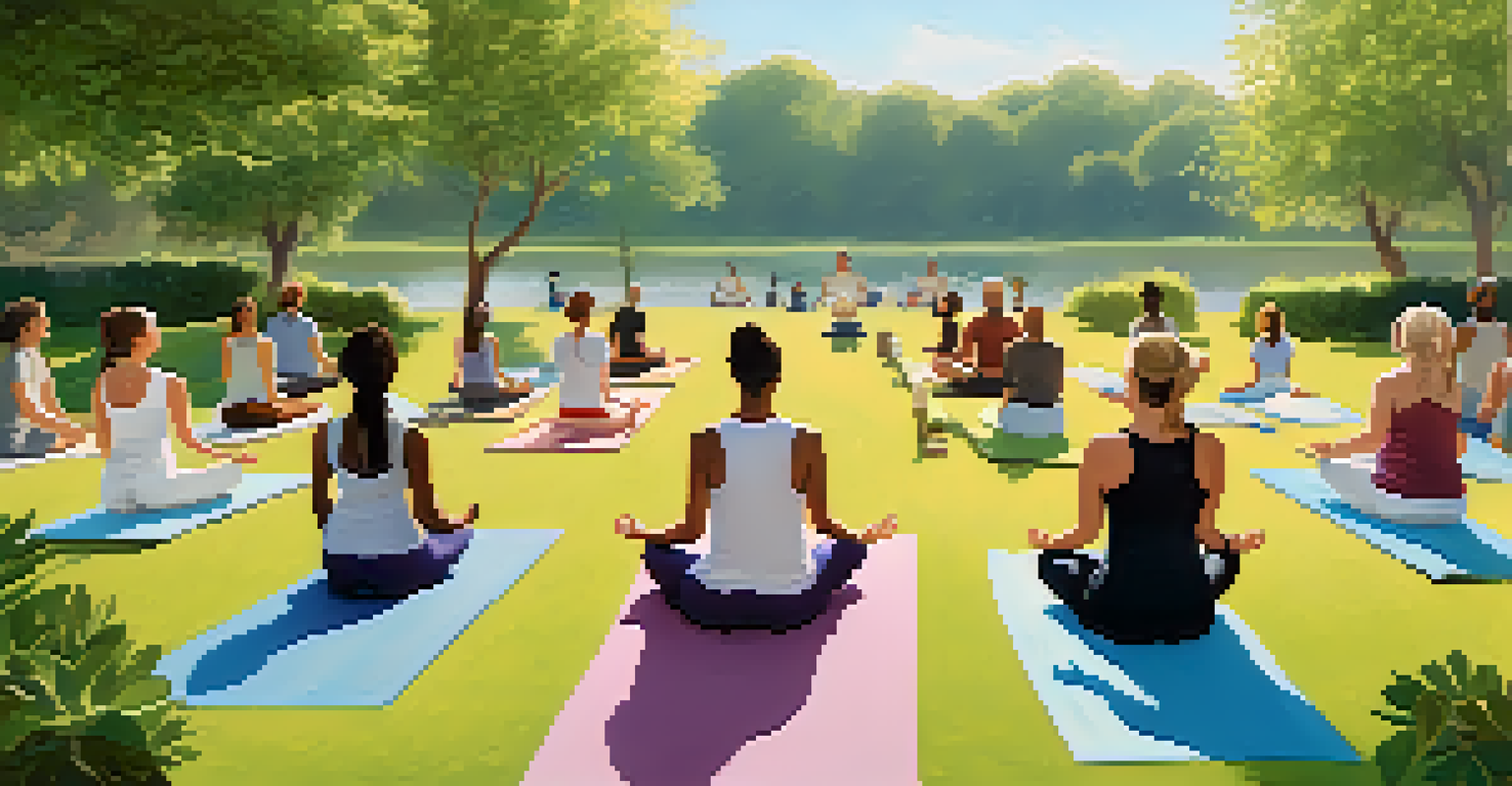 A diverse group of individuals practicing yoga in a tranquil park, showcasing mindfulness and well-being in an outdoor setting.