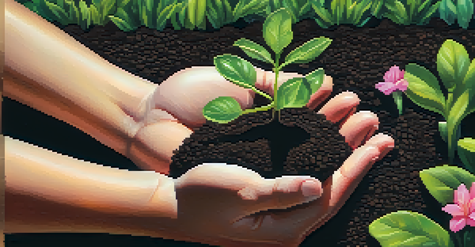 Close-up of hands planting a seedling in the soil, representing growth and nurturing in a garden setting.