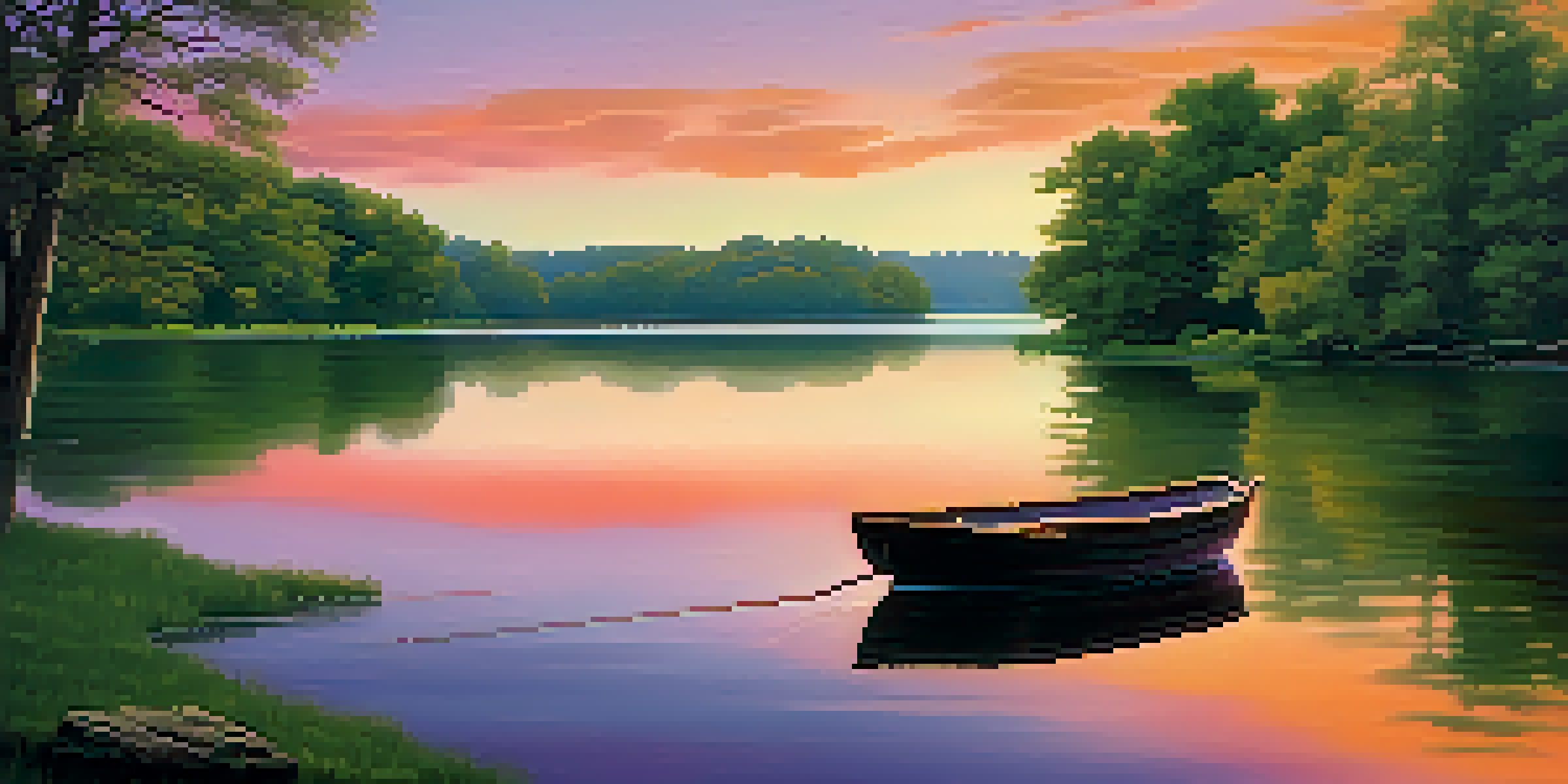 A peaceful sunset over a still lake with colorful reflections and green trees surrounding.