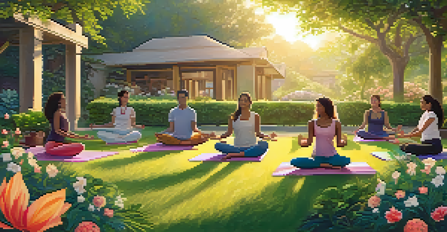 A group of residents practicing yoga in a beautiful garden during sunset, promoting wellness and mindfulness.