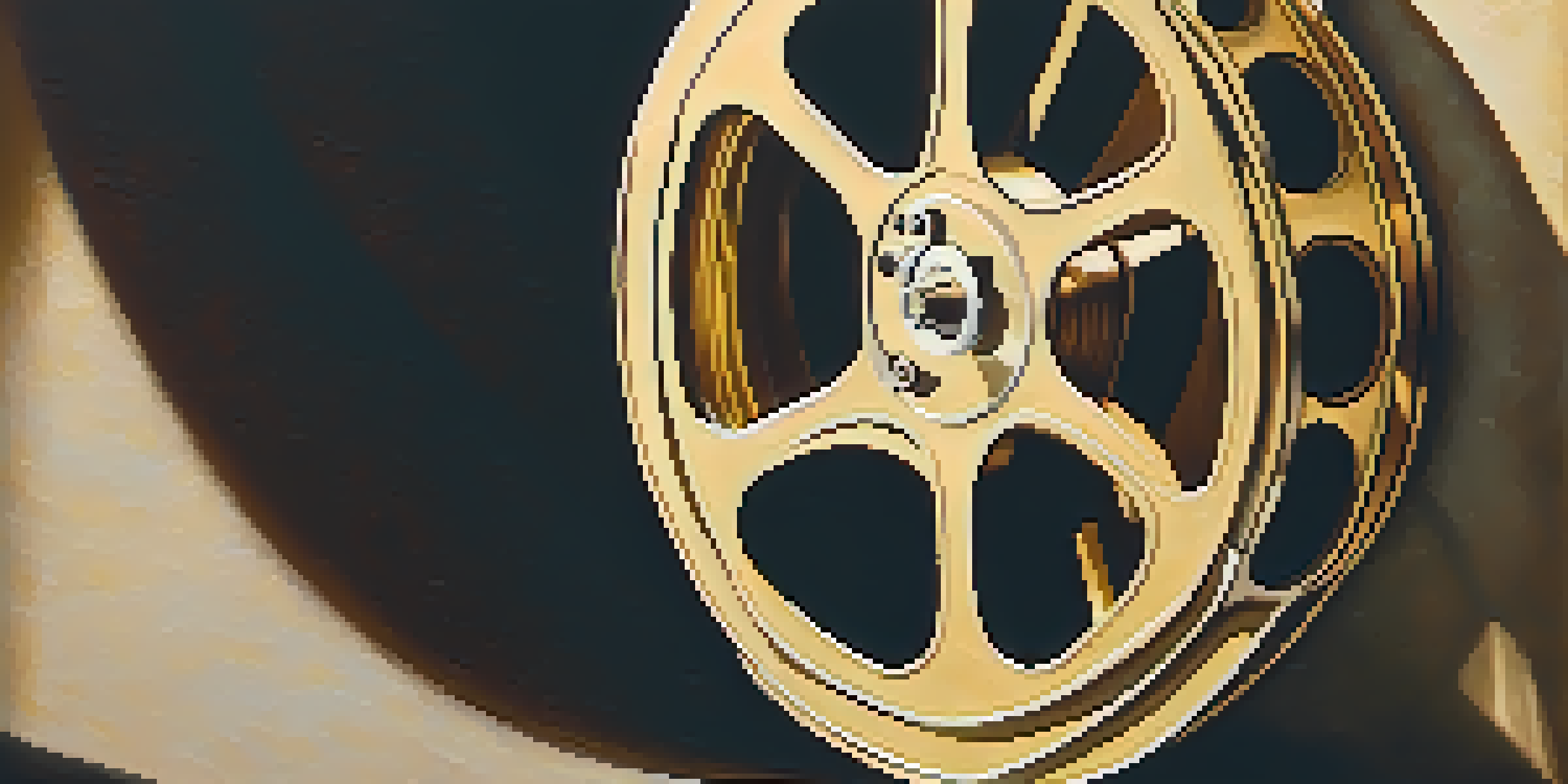 A close-up image of a film reel illuminated by light, casting shadows on a textured surface.