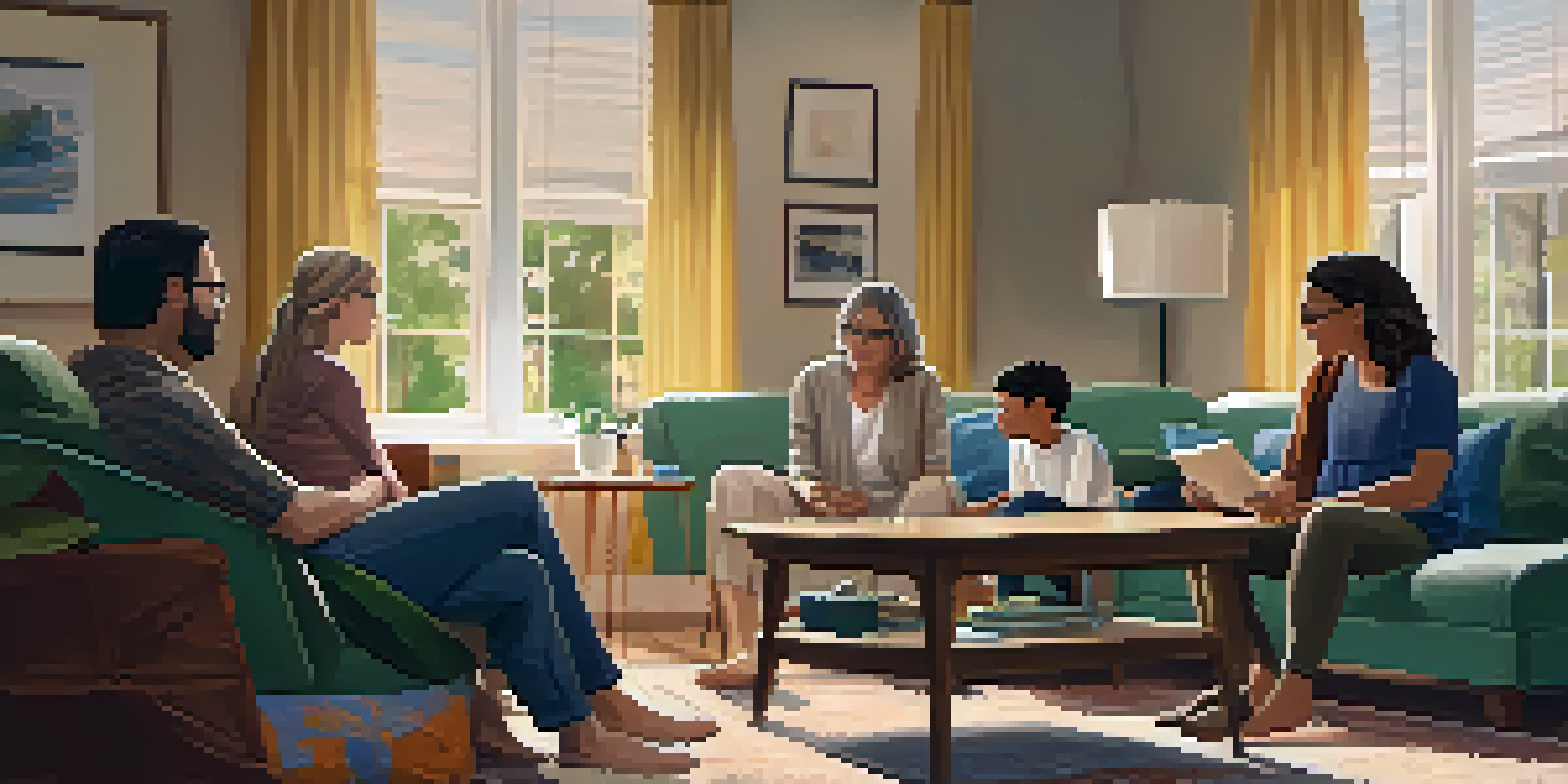 A family therapy session in a cozy living room, with a diverse family sitting in a circle, a therapist guiding the discussion.
