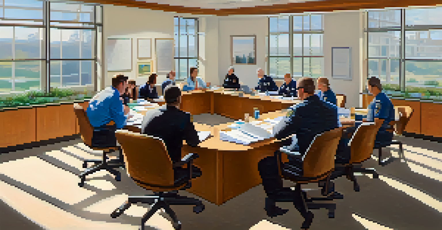 A meeting between law enforcement and healthcare providers discussing addiction treatment in a bright conference room.