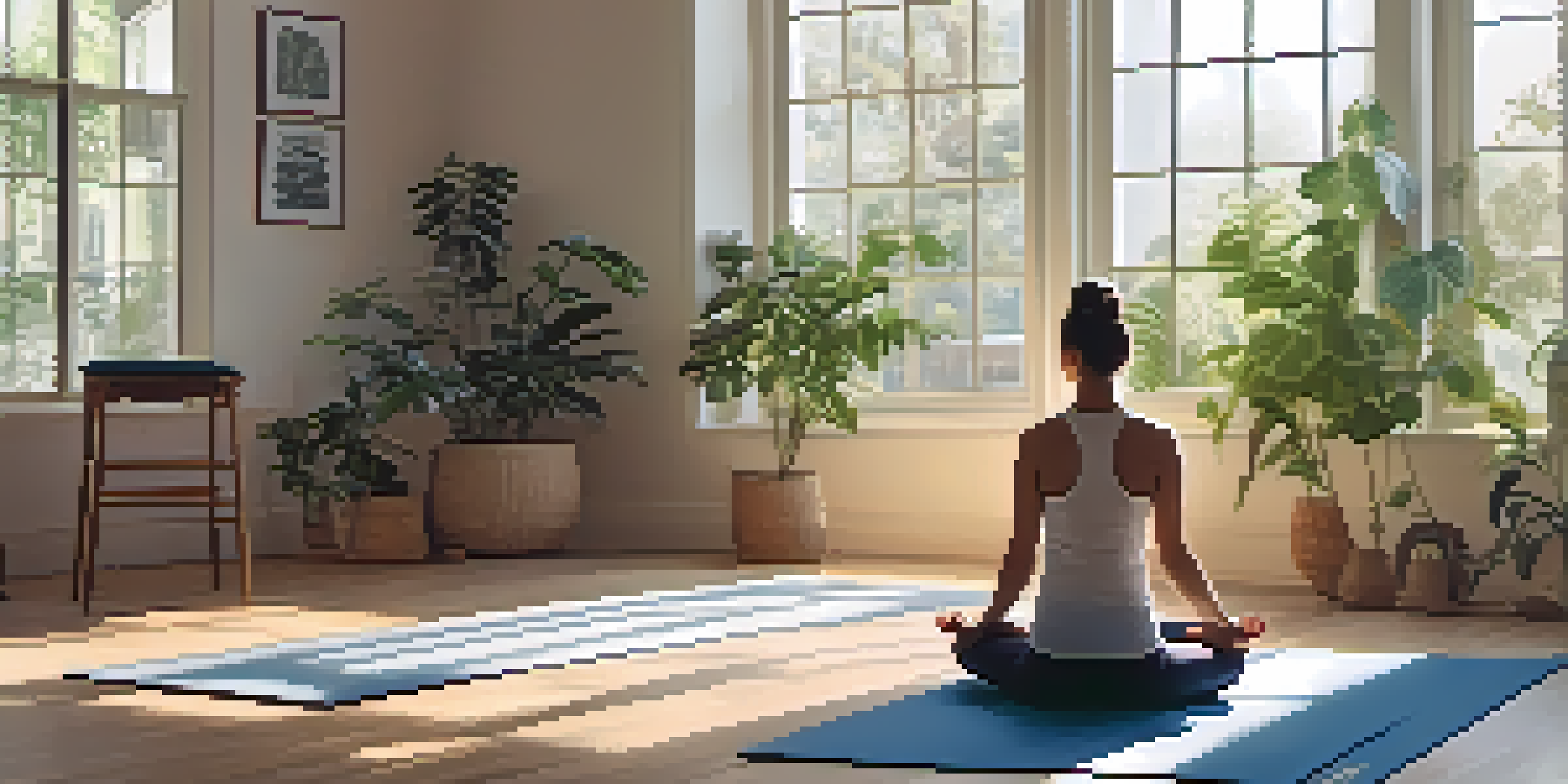 A person practicing yoga in a sunlit room filled with plants, creating a calm and inviting atmosphere.