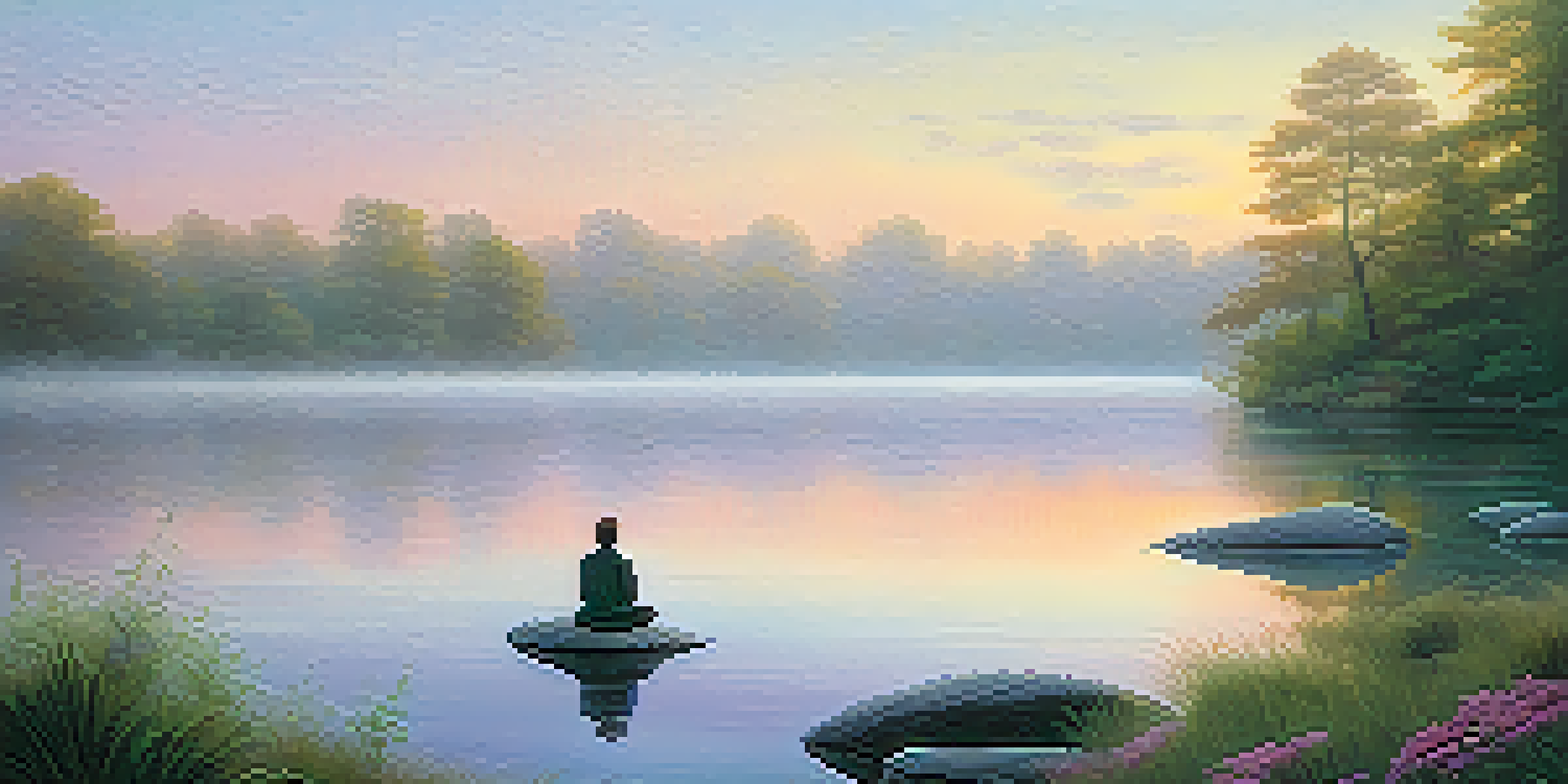 A peaceful lake at sunrise with a person meditating on a rock, surrounded by lush greenery and mist.