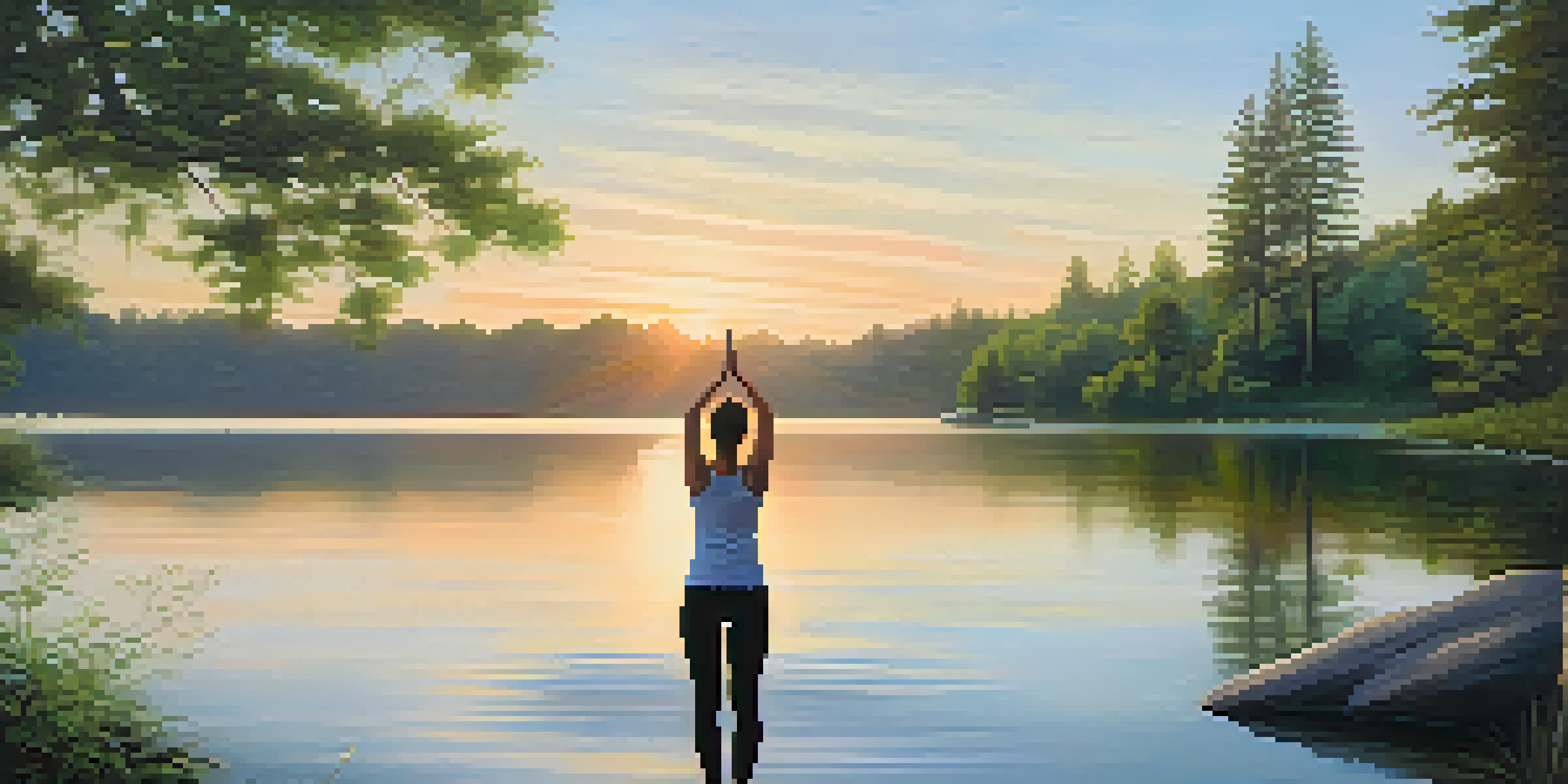 A person practicing yoga at sunrise by a calm lake, surrounded by lush trees, symbolizing tranquility and resilience.