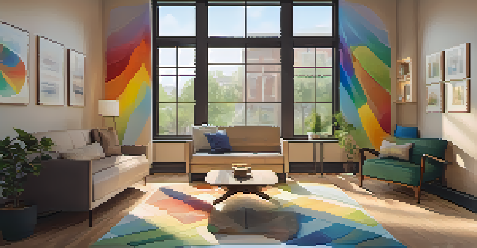 A cozy therapy room where a therapist is engaging in a supportive conversation with an LGBTQ+ client.