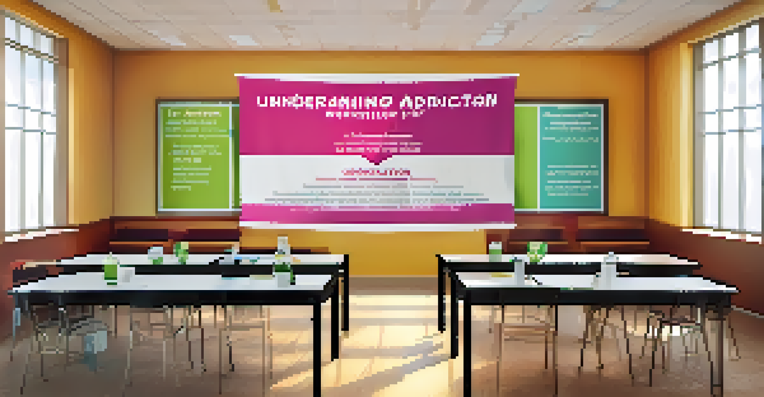 A community center room prepared for an addiction awareness workshop, complete with a banner, brochures, and a projector screen displaying information.