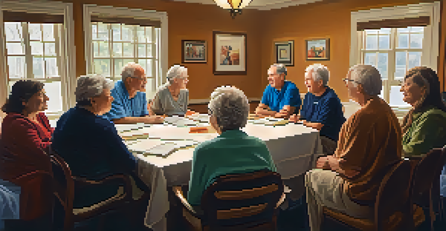 A senior individual sharing their story in a support group, surrounded by attentive listeners in a warmly lit room decorated with motivational quotes.