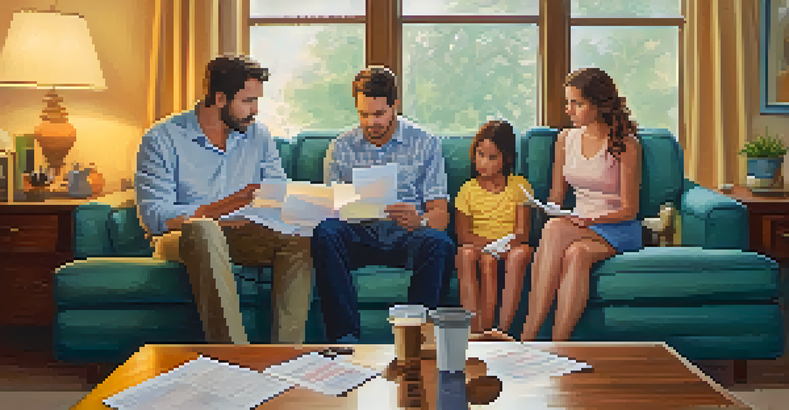 A family sitting on a couch, looking at a budget spreadsheet, illustrating the emotional impact of addiction on family finances.