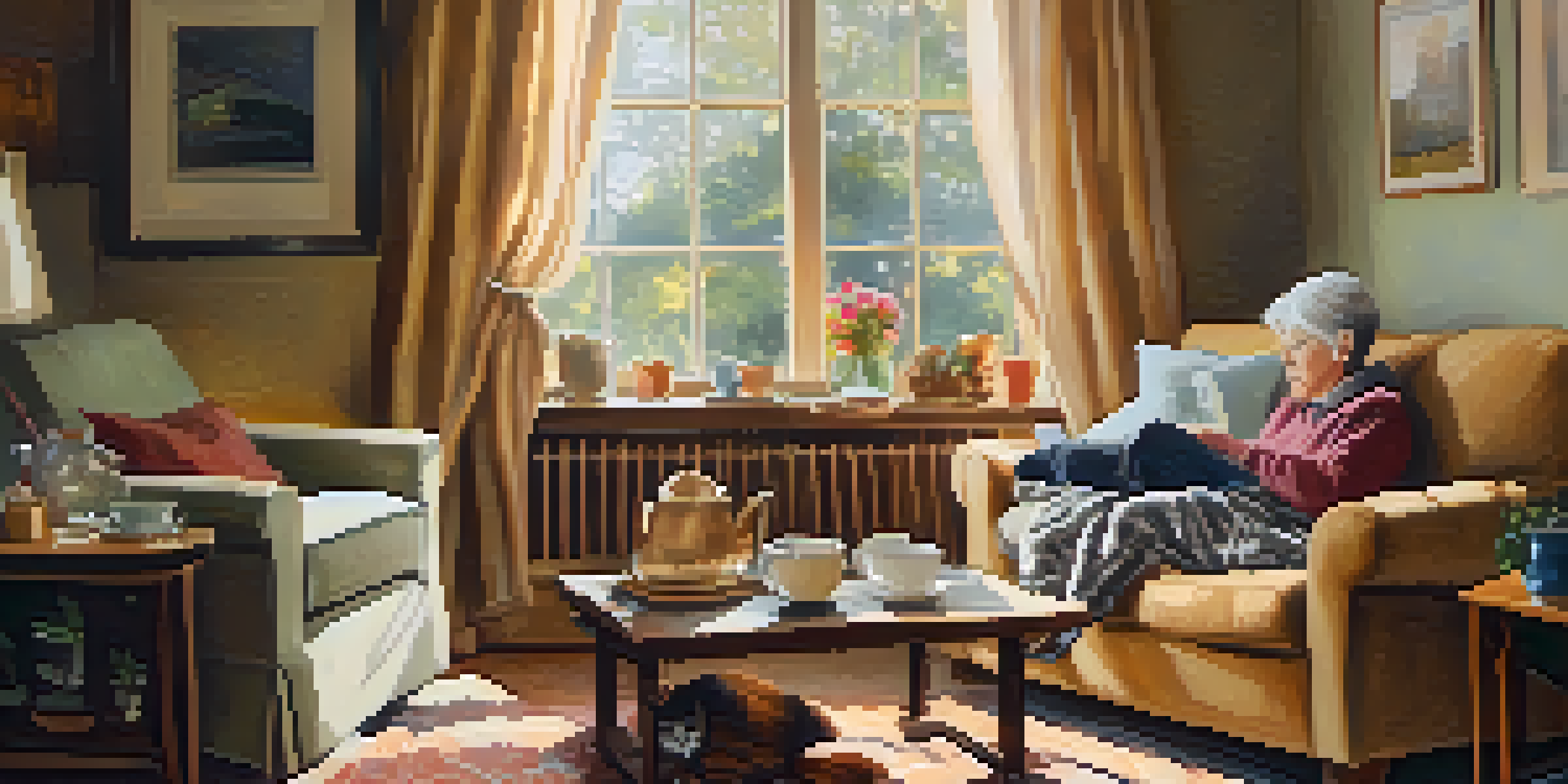 A senior relaxing in a cozy living room, surrounded by family photos and a pet cat, with sunlight streaming through the window.