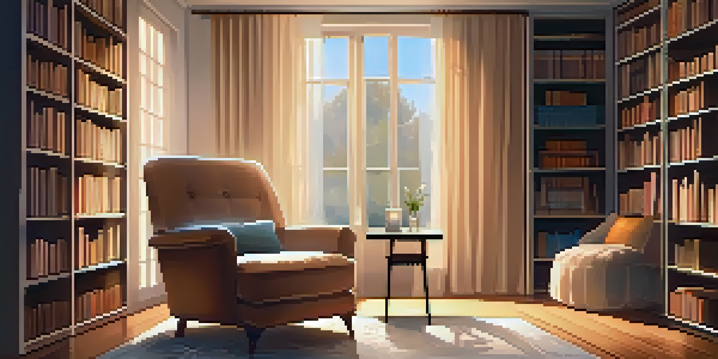 A cozy therapy room with an armchair, rug, and shelves of books, illuminated by warm lighting and natural light from a window.