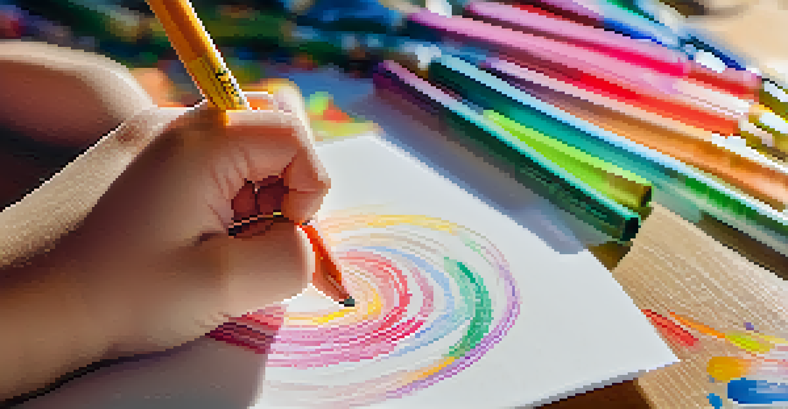 A child's hands drawing with colorful crayons on paper in a bright classroom setting.