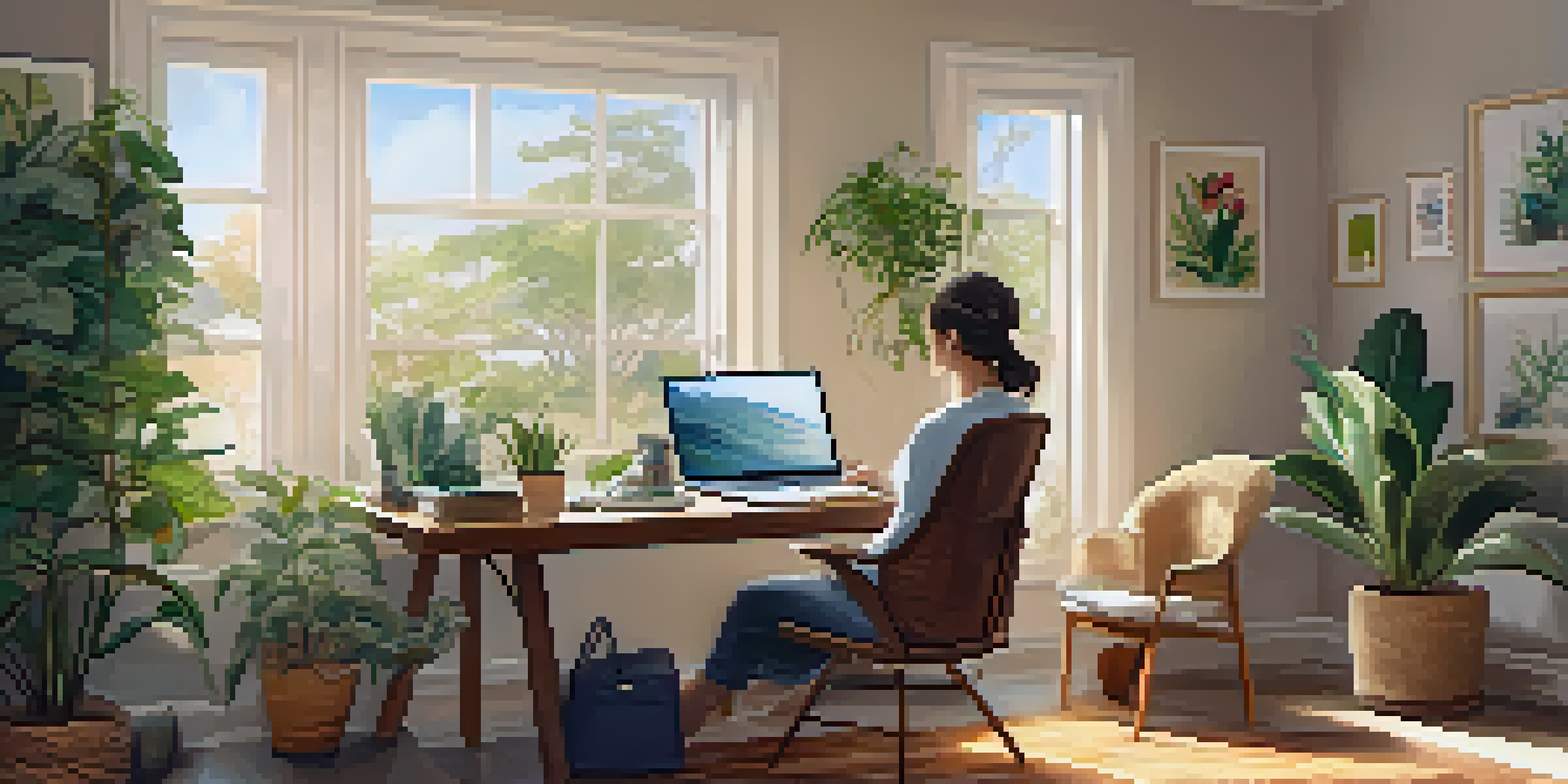 A person in a home office participating in a virtual therapy session on a laptop, with warm lighting and plants around them.