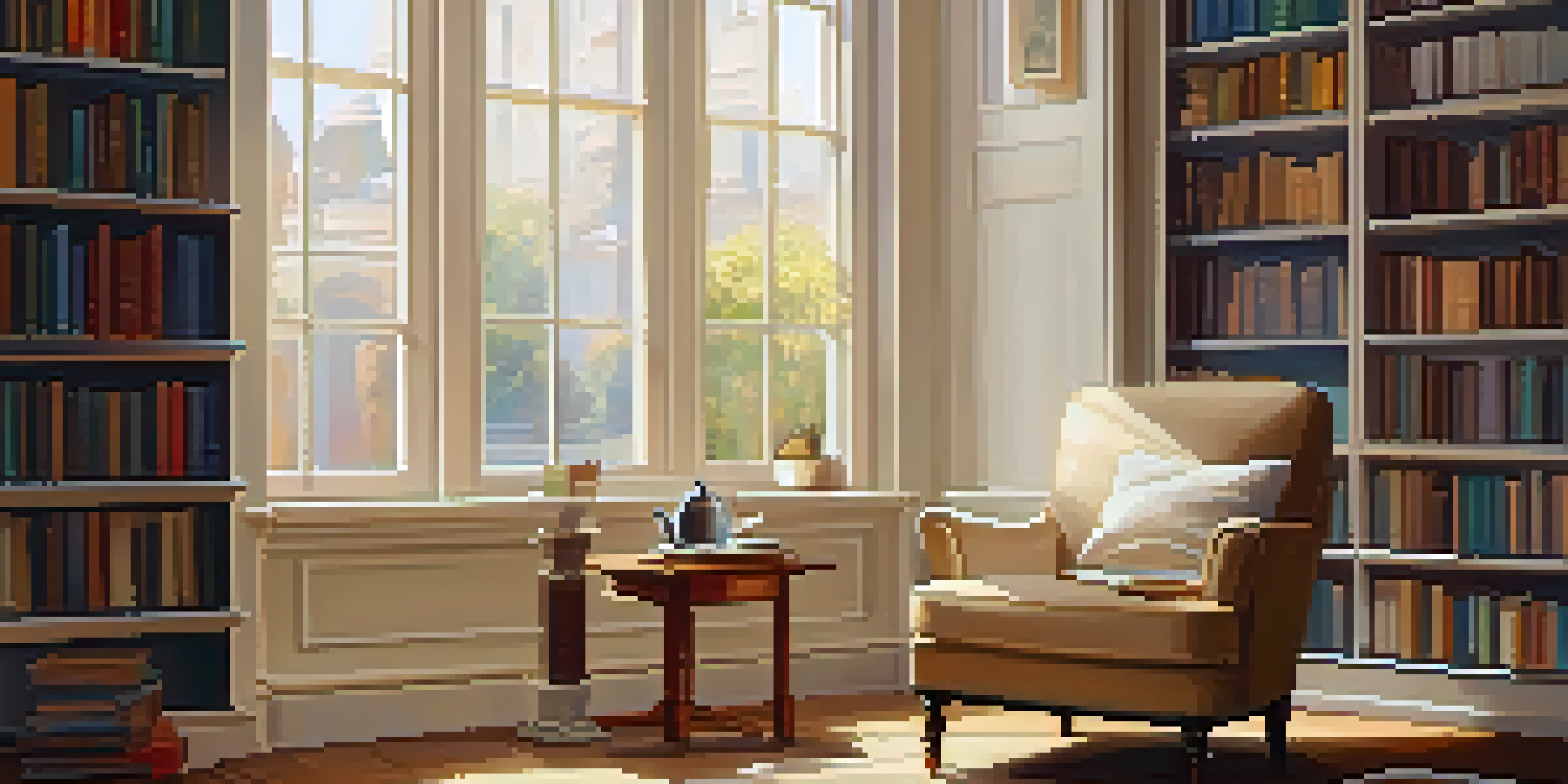 A cozy room with an armchair, a side table with a cup of tea, and a bookshelf full of books on addiction recovery.