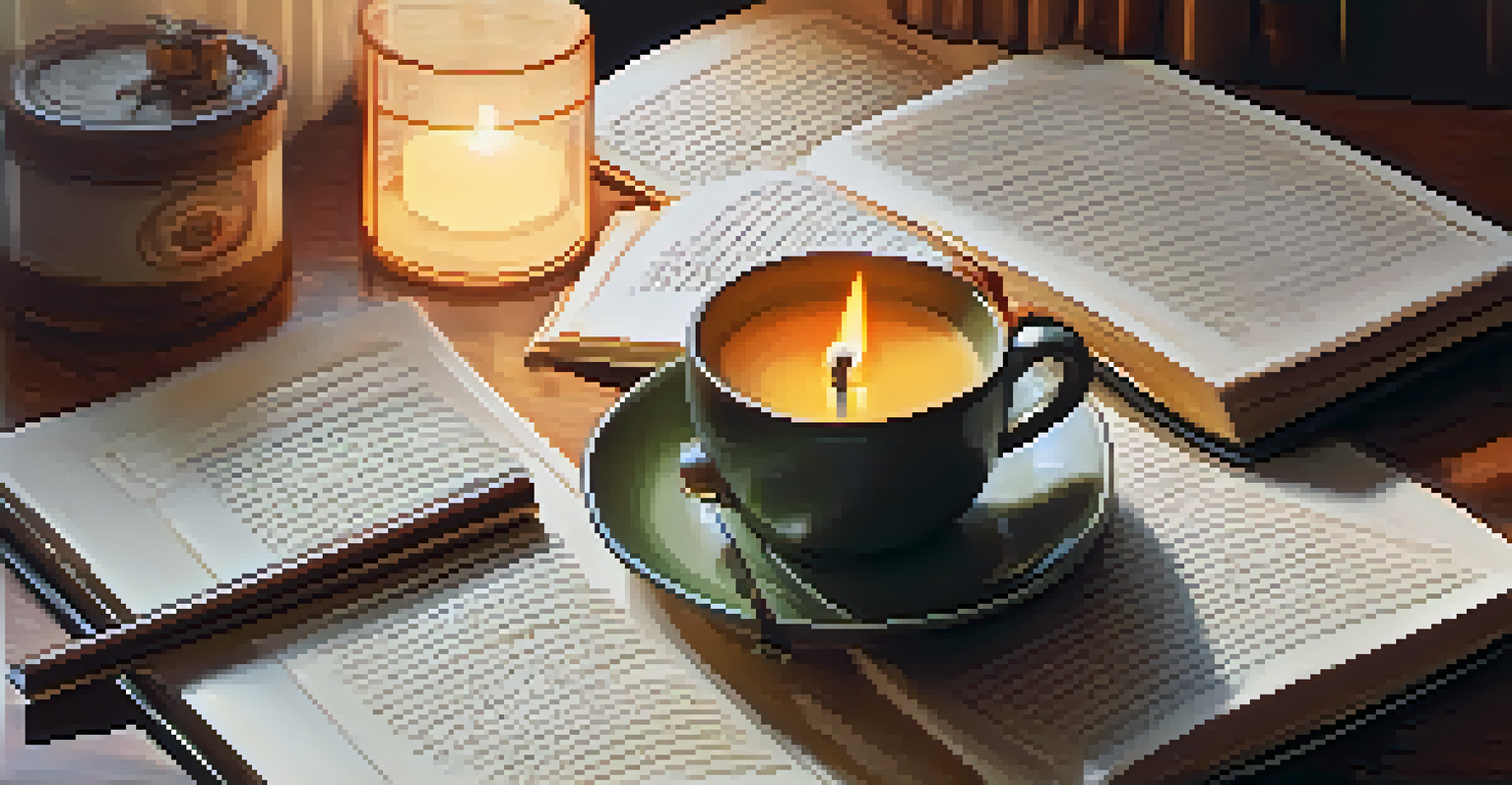 A hand writing in a journal with a candle and a plant nearby, creating a cozy and reflective atmosphere.