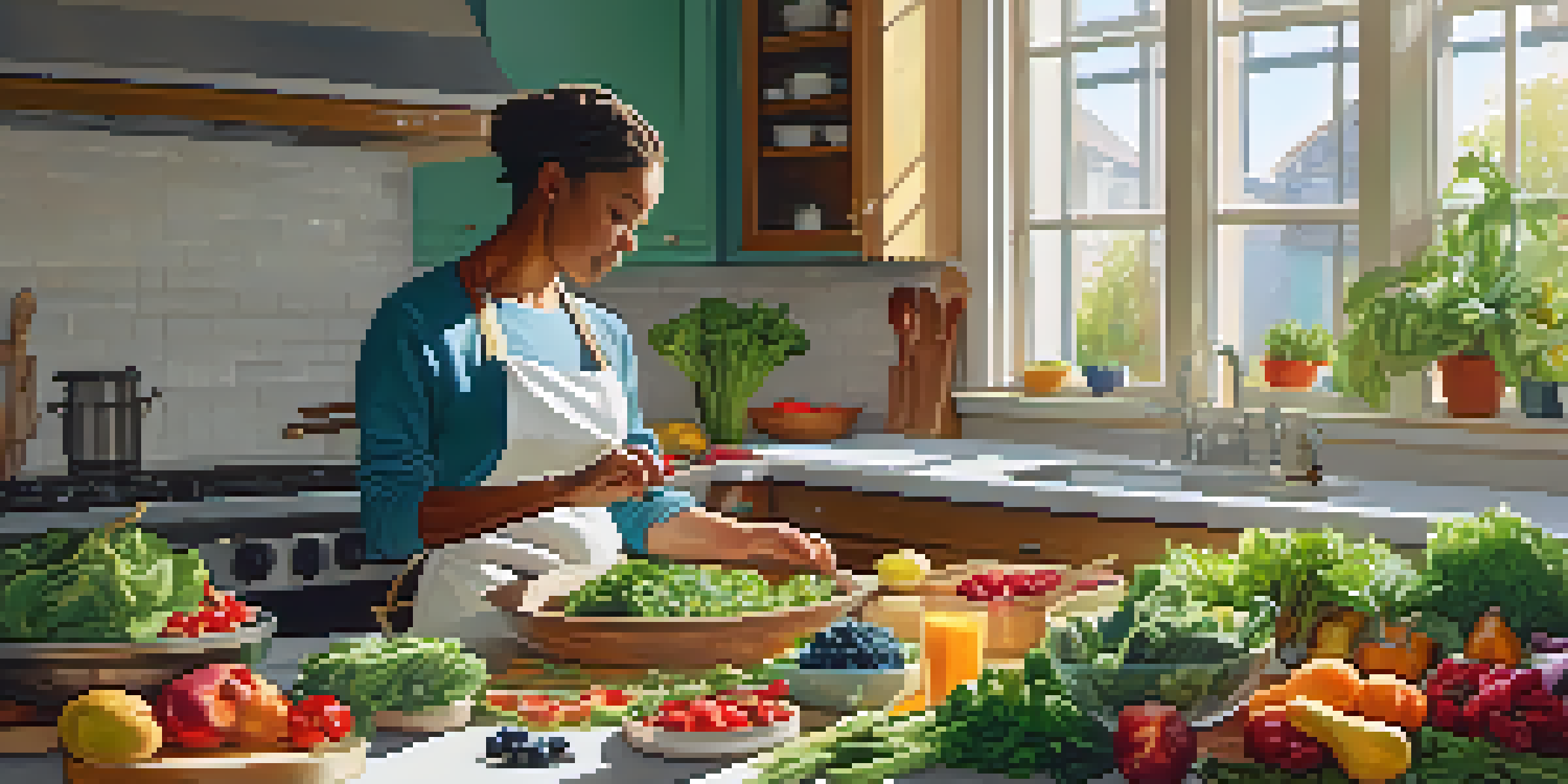 A bright kitchen with a person preparing a healthy meal, surrounded by colorful fruits and vegetables in sunlight.