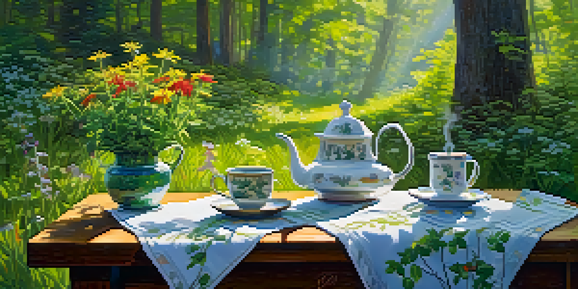 A peaceful forest with green leaves, sunlight, wildflowers, and a wooden table with a cup of tea.