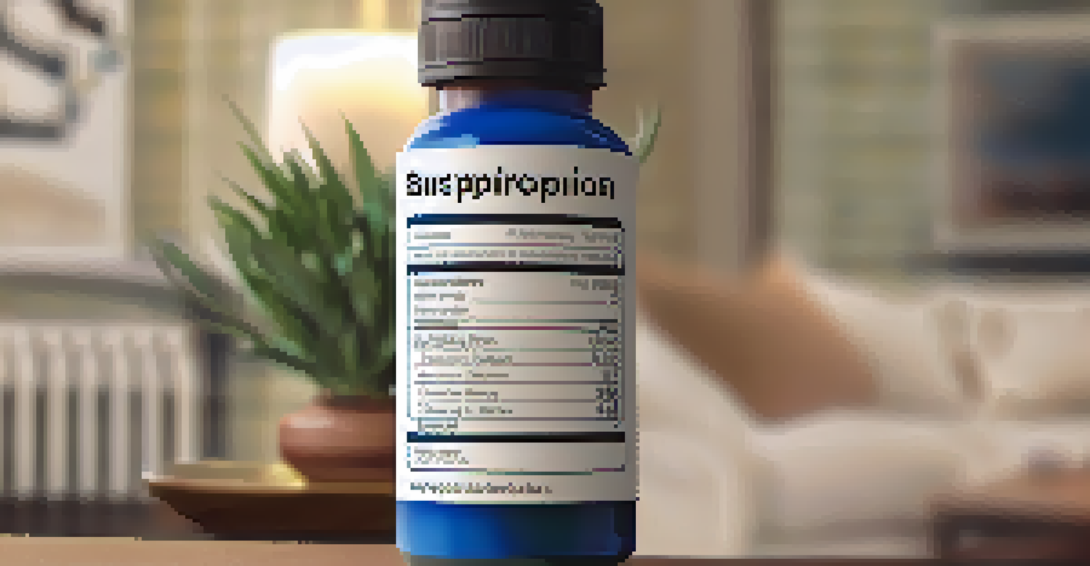 A hand holding a prescription bottle of bupropion in a cozy living room setting, highlighting the importance of healthcare consultation.