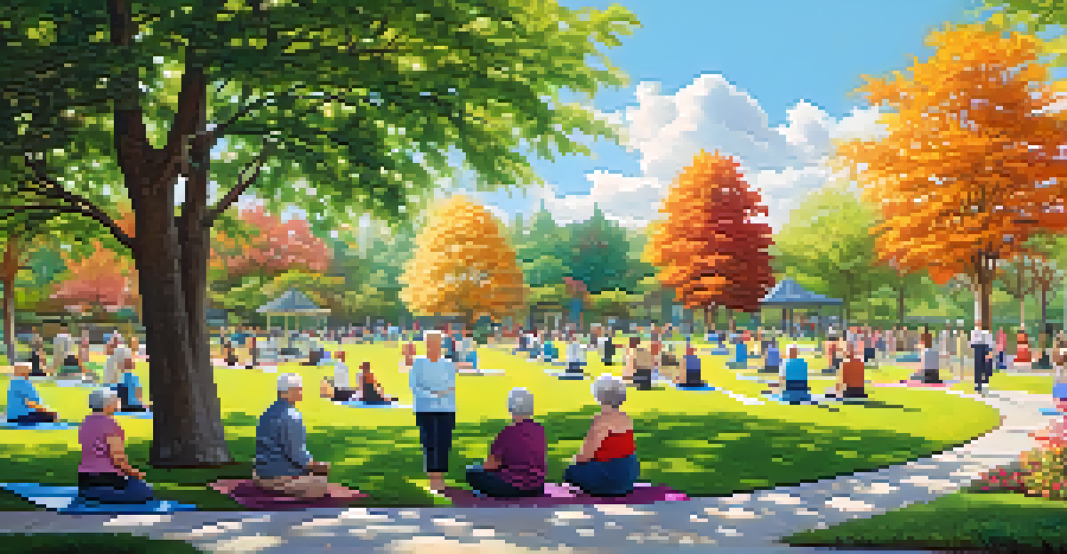 Older adults enjoying wellness activities in a community park, surrounded by flowers and trees under a clear blue sky.