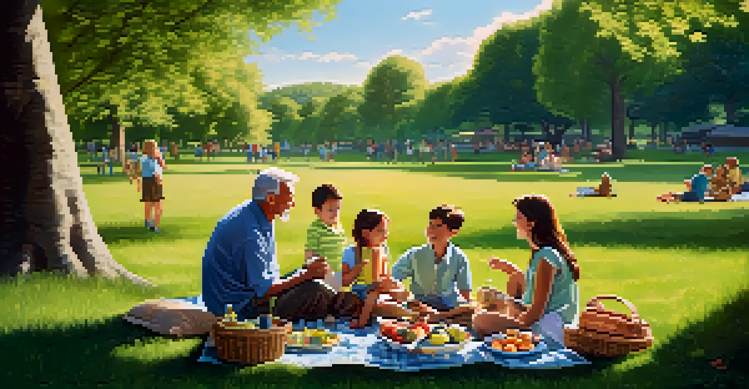A multigenerational family enjoying a picnic in a sunny park, with a grandfather telling stories to his grandchildren.