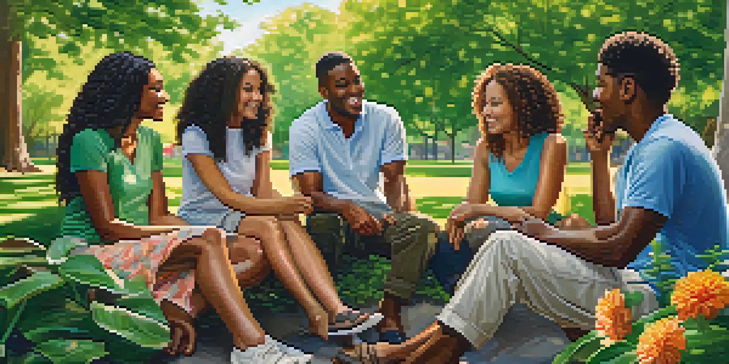 A group of diverse friends sitting in a park, engaged in a supportive conversation surrounded by nature.