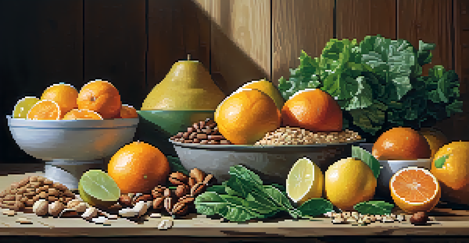 An assortment of healthy foods like citrus fruits, leafy greens, and nuts on a wooden table, showcasing their vibrant colors.