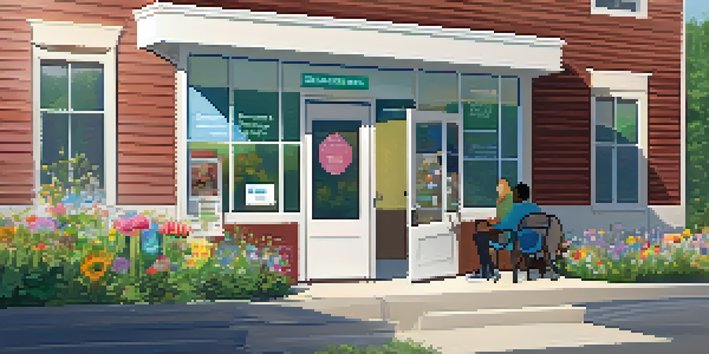 A rural community health center with a welcoming entrance and a community health worker assisting a patient at a consultation desk, surrounded by mental health posters.