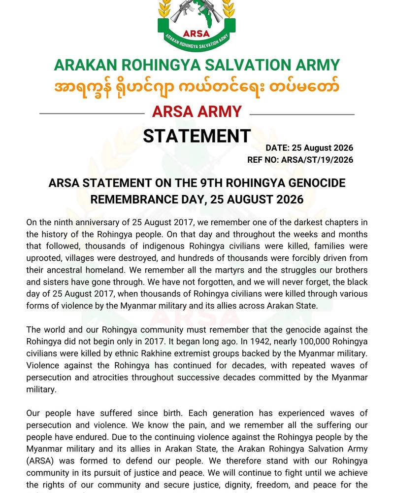 ARSA Statement on the 9th Rohingya Genocide Remembrance Day, 25 August 2026