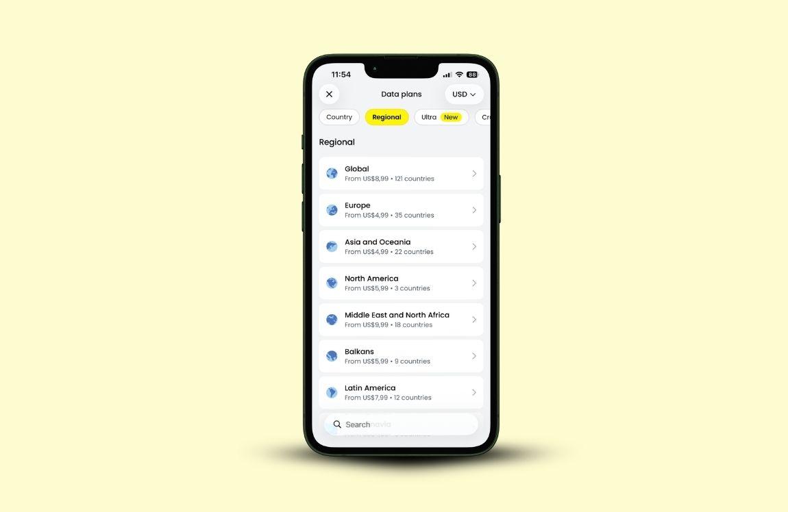 Saily app showing regional eSIM data plans for Europe, Asia and Oceania, North America, Latin America, and other regions.