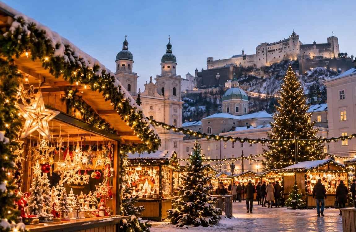 Snow-covered Christmas market in Salzburg, Austria, with glowing wooden stalls, festive decorations, Christmas trees, and Hohensalzburg Fortress in the background.