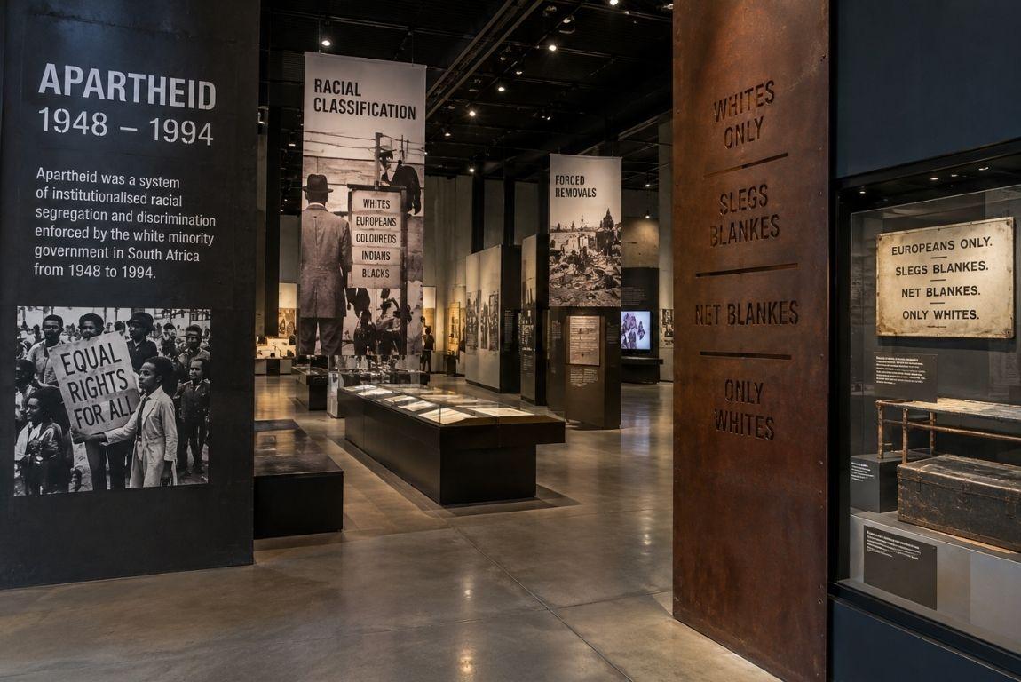 Interior of the Apartheid Museum in Johannesburg, South Africa, with exhibits on racial classification, segregation, and apartheid from 1948 to 1994.