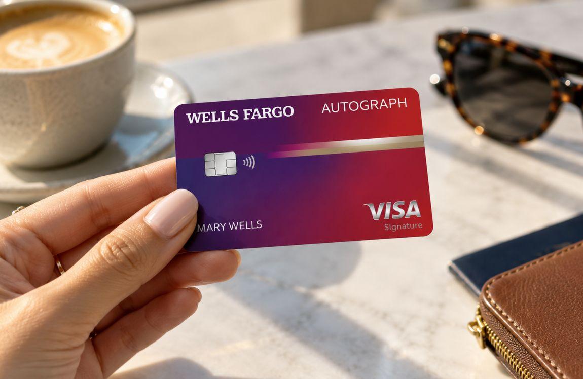 Hand holding a Wells Fargo Autograph Visa card over a café table with coffee, sunglasses, and a wallet.