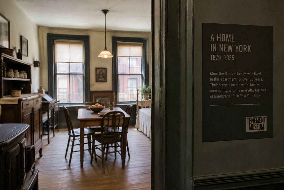 Historic immigrant apartment interior at the Tenement Museum in New York City, featuring a dining table, wooden furniture, and period decor.