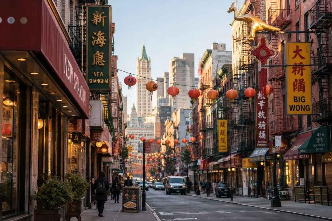 Street in Chinatown, New York City, lined with Chinese restaurants, colorful signs, and red lanterns.