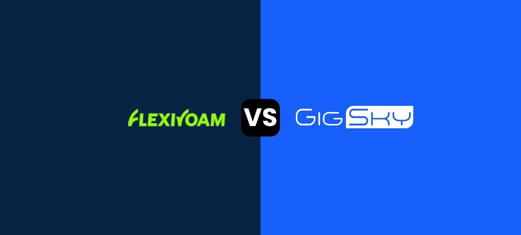 Flexiroam vs. GigSky comparison banner with both company logos on a split dark blue and bright blue background