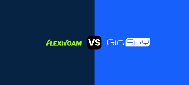 Flexiroam vs. GigSky comparison banner with both company logos on a split dark blue and bright blue background