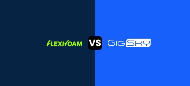 Flexiroam vs. GigSky comparison banner with both company logos on a split dark blue and bright blue background